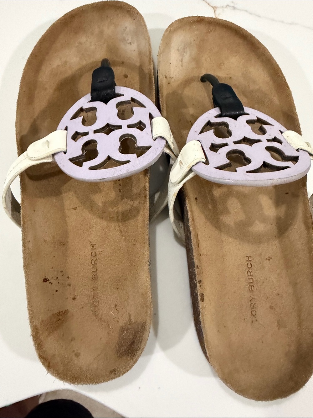 Tory Burch Women’s White Sandals with Lilac Logo Medallion